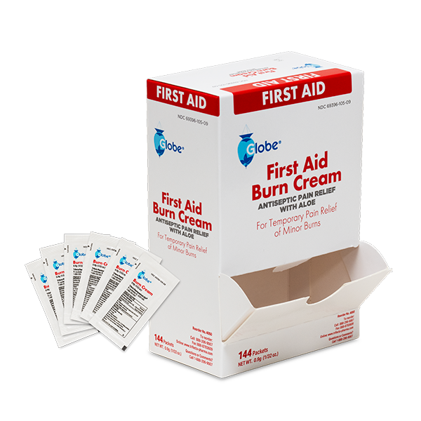 A box of Globe First Aid Burn Cream contains 144 packets (0.9g each) for temporary relief of minor burns, cuts, and scrapes—an ideal addition to any first aid kit. The white box displays the Globe logo with red, blue, and black text.