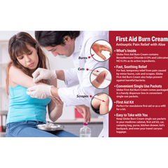 A healthcare professional uses Globe First Aid Burn Cream 0.9g Packets to treat a young woman’s arm, highlighting fast, convenient relief for minor burns, cuts, and scrapes—perfect for on-the-go care. Box of 144 by Globe.