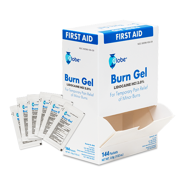 A box labeled Globe First Aid Burn Gel with Aloe, showing individual 0.9g packets in front. The box holds 144 packets of advanced first aid gel for temporary relief of minor burns, cuts, and scrapes. Brand: Globe.