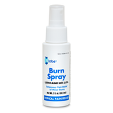 Globe Burn Spray, Lidocaine 2%, is a 2 oz spray bottle providing topical anesthetic pain relief and numbing for minor burns. The white bottle features a spray nozzle and blue-and-white label highlighting effective burn relief.
