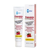 A 2 oz tube and box of Globe Capsaicin 0.1% High Potency Pain Relief Cream, providing deep relief from arthritis, muscle, joint, and back pain. Features chili pepper graphics and highlights Globe brand on the packaging.