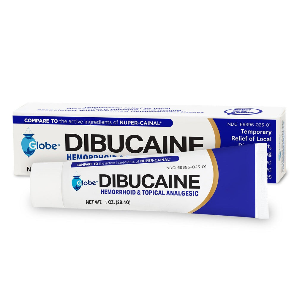 A tube and box of Globe Dibucaine 1% Hemorrhoid Treatment Ointment, 1 oz, with blue and white packaging. Offers rapid numbing relief from pain, itch, and burn; the box notes it's comparable to Nupercainal.