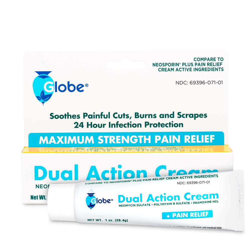 Globe Dual-Action Cream 1oz is a first aid antibiotic with Neomycin, Polymyxin B, and Pramoxine HCl that soothes painful cuts, burns, and scrapes while providing 24-hour infection protection. Its packaging compares it to Neosporin Plus Pain Relief.