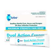 Globe Dual-Action Cream 1oz is a first aid antibiotic with Neomycin, Polymyxin B, and Pramoxine HCl that soothes painful cuts, burns, and scrapes while providing 24-hour infection protection. Its packaging compares it to Neosporin Plus Pain Relief.