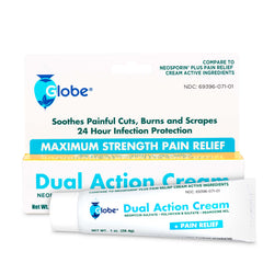 Globe Dual-Action Cream 1oz is a first aid antibiotic with Neomycin, Polymyxin B, and Pramoxine HCl that soothes painful cuts, burns, and scrapes while providing 24-hour infection protection. Its packaging compares it to Neosporin Plus Pain Relief.