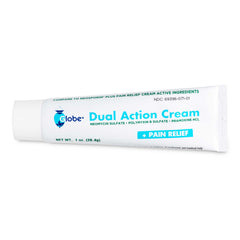 Globe Dual-Action Cream 1oz is a first aid antibiotic with neomycin, polymyxin B, and pramoxine HCl. It soothes painful cuts, burns, and scrapes while providing 24-hour infection protection in a convenient white tube.