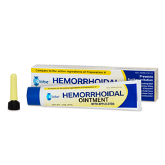 A tube of Globe Hemorrhoidal Ointment 2 oz with Applicator by Globe is shown with its box and yellow applicator cap. The packaging highlights relief from anorectal discomfort and compares to Preparation H’s active ingredients.
