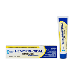A tube and box of Globe Hemorrhoidal Ointment 2 oz with Applicator by Globe, displaying the product name, 2 oz (57g) net weight, and claims of relief for hemorrhoid-related discomfort, itching, and burning.