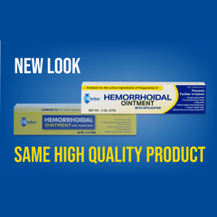 Two boxes of Globe Hemorrhoidal Ointment 2 oz with Applicator are shown, one marked NEW LOOK. Below, bold yellow text says: SAME HIGH QUALITY PRODUCT—trusted Globe relief for hemorrhoid itching and burning.