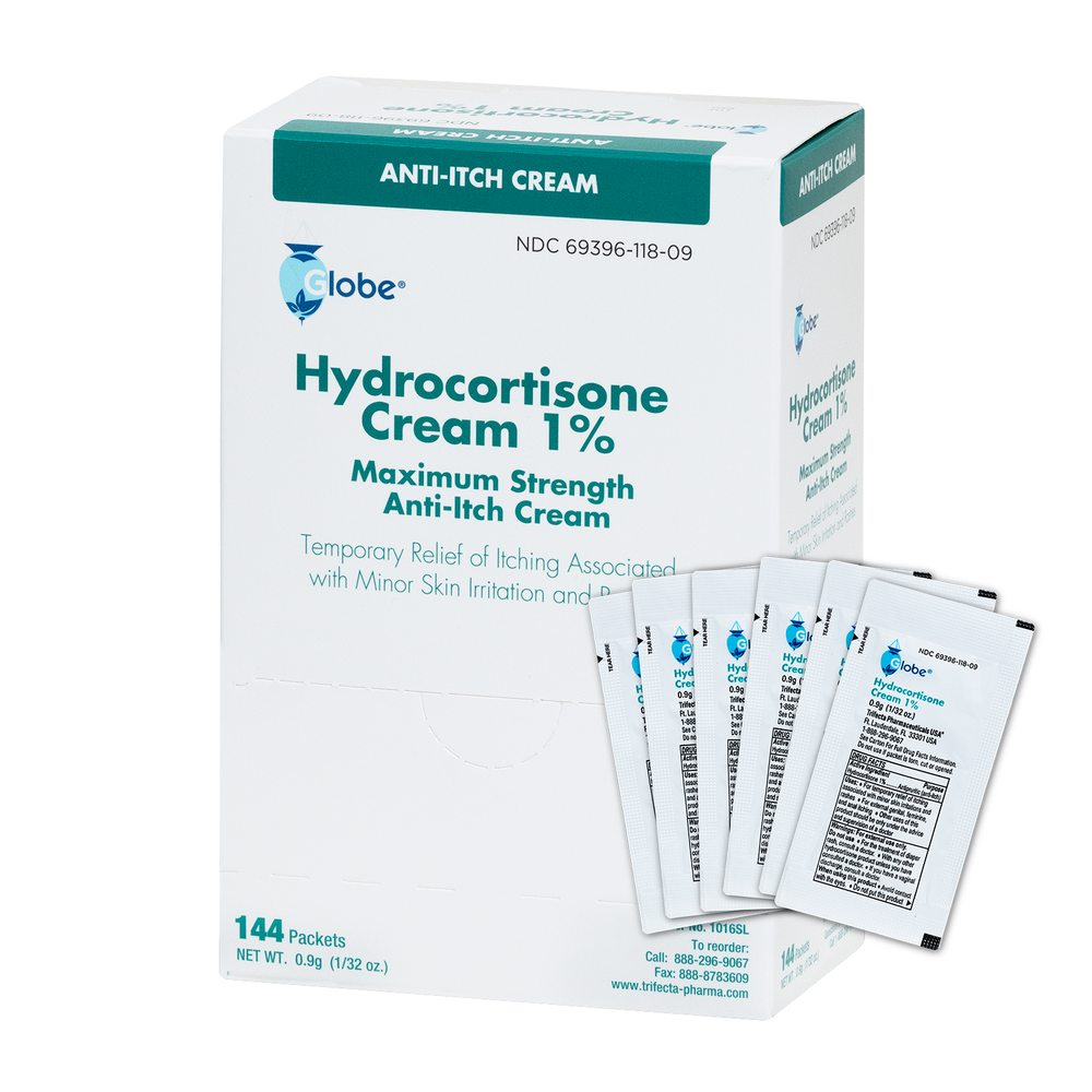 A white box labeled Globe Hydrocortisone 1% Maximum Strength Cream includes 144 packets (0.9g each) for itch, rash, dermatitis, and bug bites relief. Four individual cream packets are shown in front of the box.
