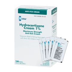 A white box labeled Globe Hydrocortisone 1% Maximum Strength Cream includes 144 packets (0.9g each) for itch, rash, dermatitis, and bug bites relief. Four individual cream packets are shown in front of the box.