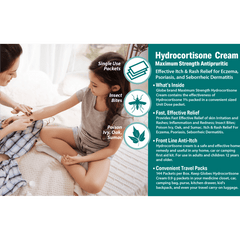 A young girl sits on a bed as an adult applies Globe Hydrocortisone 1% Maximum Strength Cream (0.9g packet) for itch relief from eczema, bug bites, and rashes. Text highlights single-use travel packets and protection against poison ivy/oak/sumac.