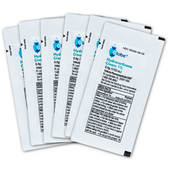 Globe Hydrocortisone 1% Maximum Strength Cream offers convenient anti-itch relief in 144 single-use 0.9g packets—ideal for eczema, rashes, or bites. Blue and black text on each packet displays important product details and drug facts.
