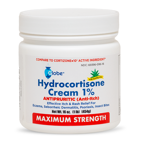 A 16 oz jar of Globe Hydrocortisone Maximum Strength Cream 1% with aloe, labeled for eczema, psoriasis, insect bites, and rash relief by Globe.