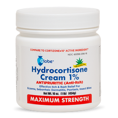 A 16 oz jar of Globe Hydrocortisone Maximum Strength Cream 1% with aloe, labeled for eczema, psoriasis, insect bites, and rash relief by Globe.