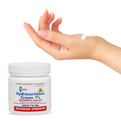 A hand with white cream on it is being rubbed by the other. In front is a jar of Globe Hydrocortisone Maximum Strength Cream 1% with Aloe, 16 oz, shown for effective eczema relief.
