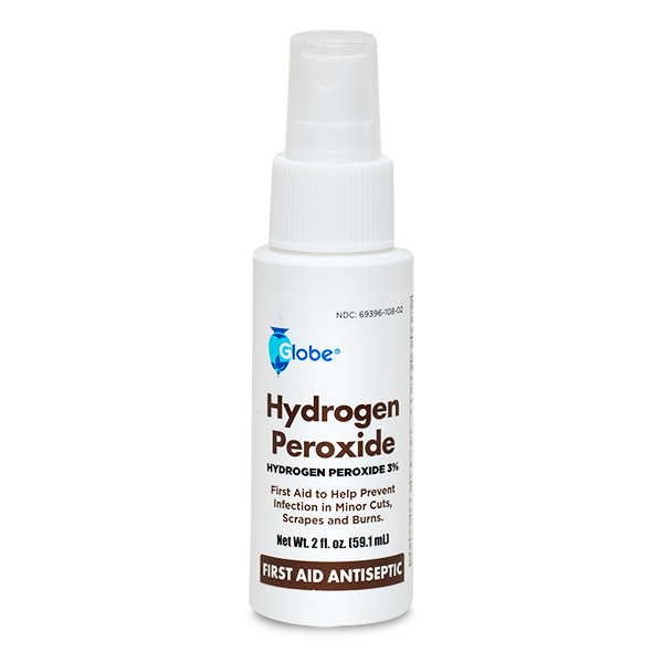 Globe Hydrogen Peroxide 3% First Aid Antiseptic Topical Solution USP comes in a 2 fl. oz. convenient pump spray bottle, ideal for treating minor cuts, scrapes, and burns with quick and easy hydrogen peroxide application.