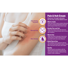 A person applies Globe Lidocaine 4% Multi-Symptom Relief Cream to their arm. This maximum strength, steroid-free, non-greasy cream numbs pain and itch fast and offers relief that’s comparable to Gold Bond with lidocaine.