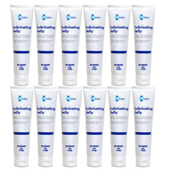 Twelve Globe Sterile Lubricating Jelly 4oz tubes are displayed in three rows. The white and blue latex-free, water soluble, bacteriostatic lubricant is gentle for enema equipment, rectal thermometers, and more. Box of 12 by Globe.