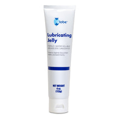 A white 4 oz tube of Globe Sterile Lubricating Jelly, featuring blue text. It’s water-soluble, latex-free, bacteriostatic, gentle, smooth, unscented, greaseless—ideal for enema equipment and rectal thermometers.