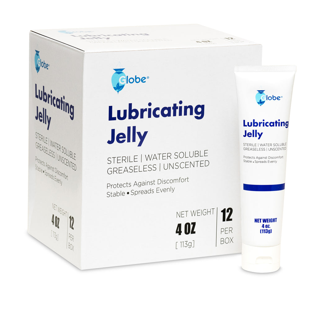 A box of 12 Globe Sterile Lubricating Jelly tubes, 4 fl oz each, water soluble, bacteriostatic, latex-free, unscented, and gentle for use with enema equipment, rectal thermometers & more.