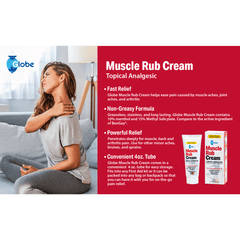 A woman rubs her shoulder in pain beside a red panel highlighting Globe Ultra Strength Greaseless Muscle Rub Cream (3 oz) with 10% Menthol & 15% Methyl Salicylate. Two tubes and the Globe logo are displayed. Compare to Greaseless Bengay.
