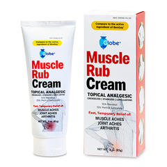 A 3 oz tube of Globe Ultra Strength Greaseless Muscle Rub Cream for muscle and joint pain relief, featuring 10% menthol and 15% methyl salicylate. Compare to the active ingredients of Greaseless Bengay.