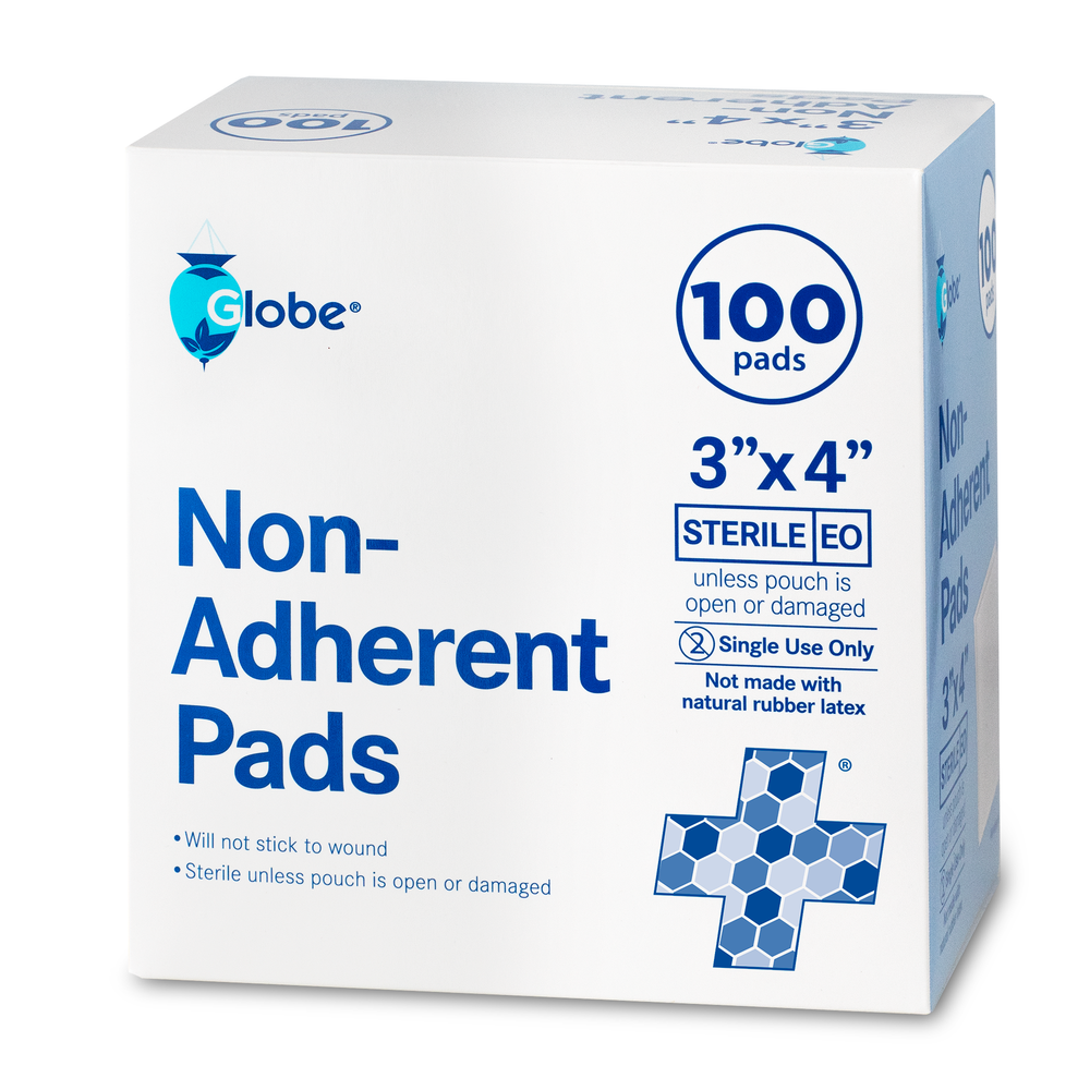 Globe Sterile Non-Adherent Pads, 100-pack (3”x4”), are highly absorbent, non-stick wound dressings for painless removal. Each pad is individually wrapped for protection—essential for first aid and single use only.