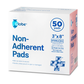 Globe Sterile Non-Adherent Pads, 50-pack (3”x8”), are highly absorbent, non-stick wound dressings for painless removal. Individually wrapped for protection. Ideal for wound care; white box with blue/pink text and medical cross on front.