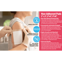 A person applies a Globe Sterile Non-Adherent Pad (3” x 8”) to their upper arm. Text highlights features: individually wrapped, highly absorbent, latex-free, non-stick for painless removal—premium first aid essentials from Globe.