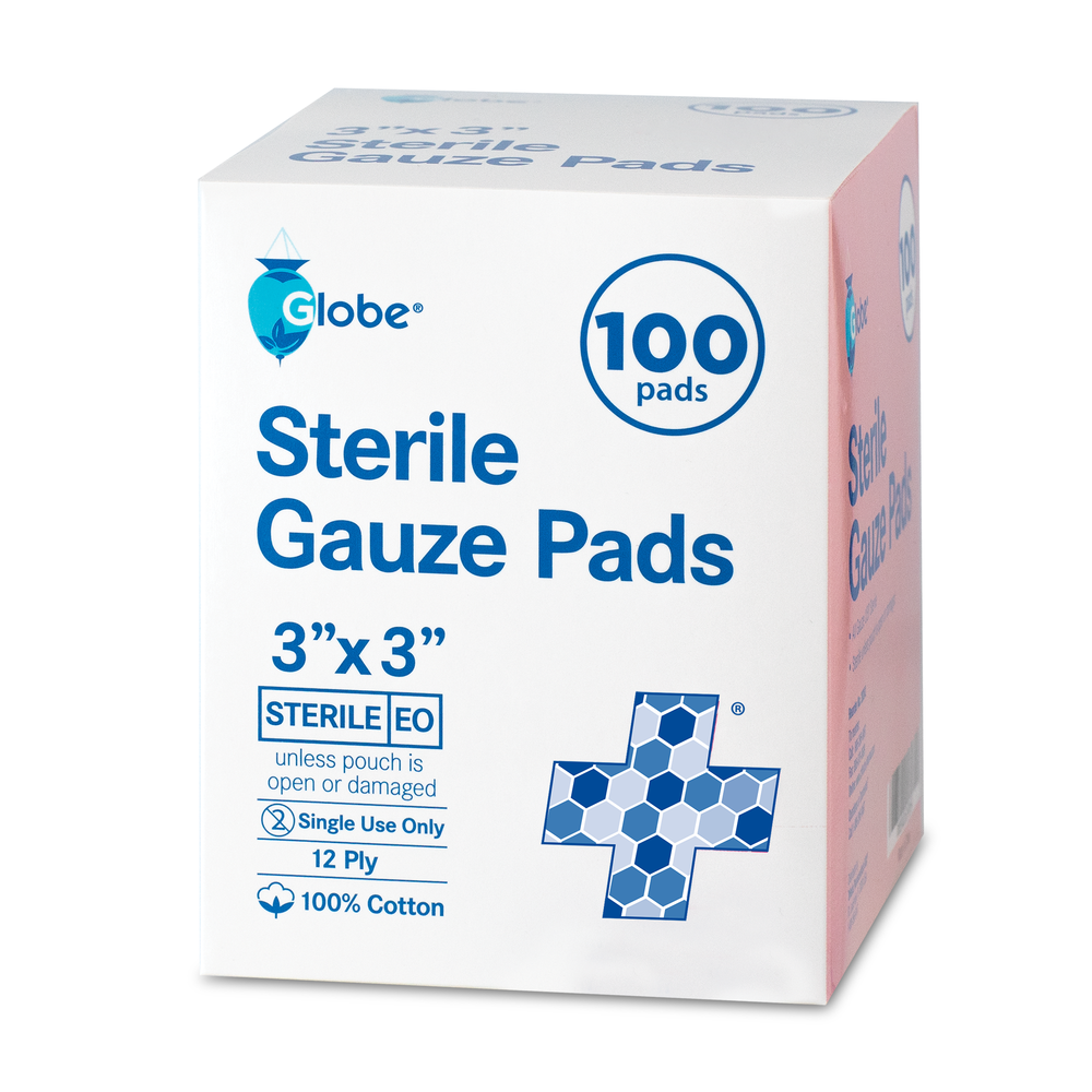 A box of Globe 3" x 3" Advanced Sterile Gauze Pads, 100-pack, individually packed. Made of highly absorbent 12-ply cotton for wound care and first aid kits. Sterile, single-use gauze sponges with blue cross symbol.