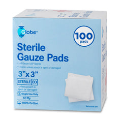 Globe 3"x3" Advanced Sterile Gauze Pads, 100-pack, 12-ply cotton, highly absorbent and individually packed—perfect for wound care or home first aid kits. The white/blue box features two pads and product info on the front.