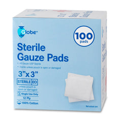 Globe 3’’ x 3’’ Advanced Sterile Gauze Pads for Wound Dressing| 100-Pack, Individually Packed | 12-Ply Cotton & Highly Absorbent| Gauze Sponge-Pads for Wound Care & Home First Aid Kits (3 x 3)