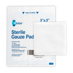 A pack of Globe 3’’ x 3’’ Advanced Sterile Gauze Pads (100-pack, individually wrapped, 12-ply cotton) with one unfolded pad beside it. Ideal for wound dressing or first aid kits. Packaging shows instructions and contact info.