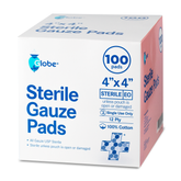 The Globe 4" x 4" Sterile Gauze Pads come in a pink and white box, 100 individually packed, 12-ply, 100% cotton, highly absorbent—ideal for wound care and first aid kits; product details and sterile dressing instructions on the box.