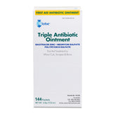 A white box labeled "Globe Triple Antibiotic Ointment .9gr Packets (Box of 144)," a Neosporin alternative offering infection protection and first aid for minor cuts, scrapes, and burns. Contains 144 packets with active ingredients.