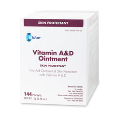 The Globe Vitamin A & D Ointment, with lanolin and petrolatum, comes in a box of 144 packets (5g each). This USA-made first aid skin protectant soothes minor cuts, burns, dry skin, and chapped lips for all ages.