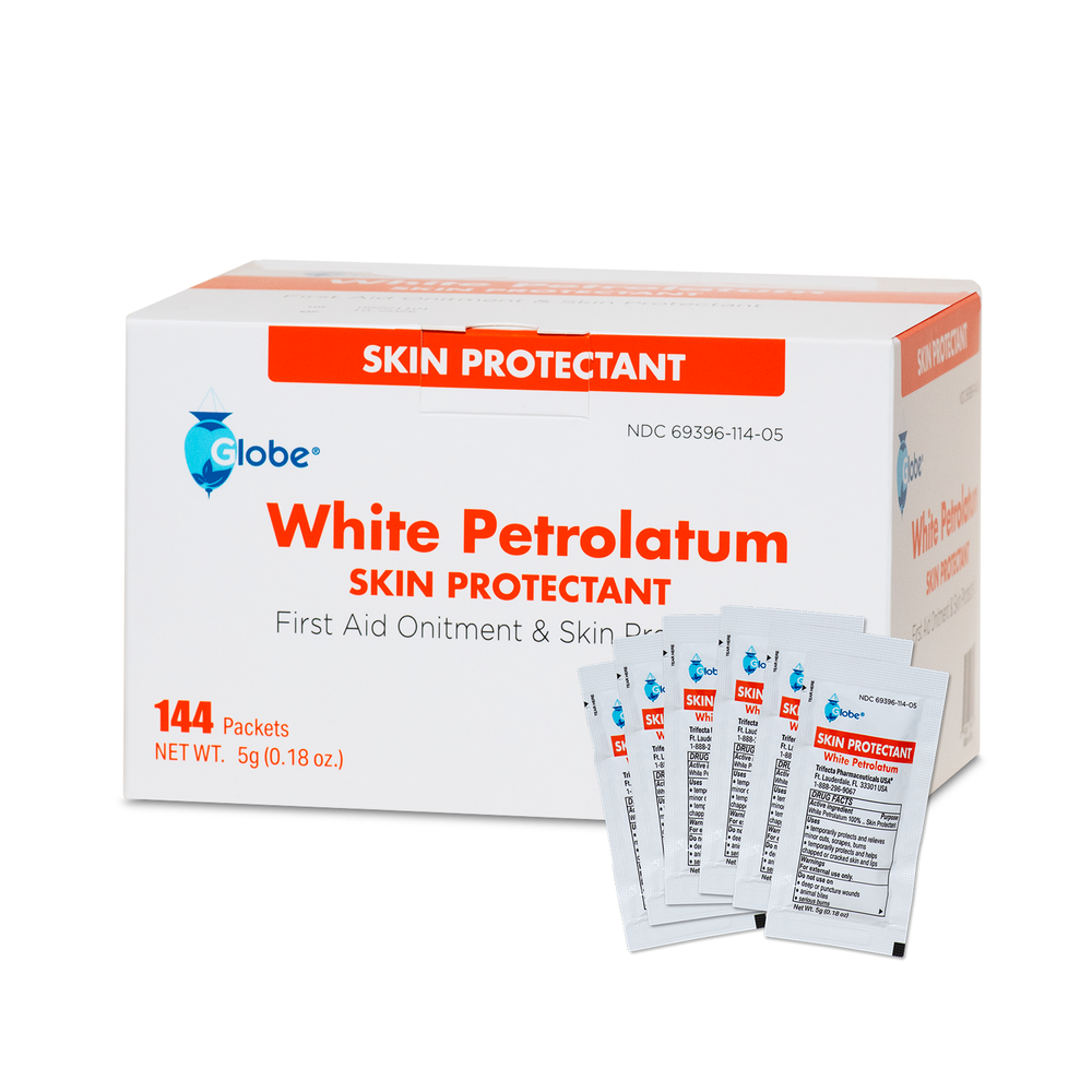 A box of Globe White Petrolatum Jelly (144 x 5g packets) for dry or cracked skin and minor irritations; four individual white packets are shown in front of the box.