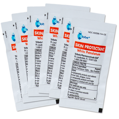 Six Globe White Petrolatum 5g packets, fanned out, show product info and a blue globe logo. These soothing petroleum jelly packets help relieve minor skin irritations and dryness. Box contains 144 packets.