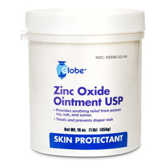 A white plastic jar labeled Globe Zinc Oxide Ointment, 16oz, for skin protection and relief from diaper rash and irritation caused by poison ivy, oak, or sumac; features a blue "Skin Protectant" banner.