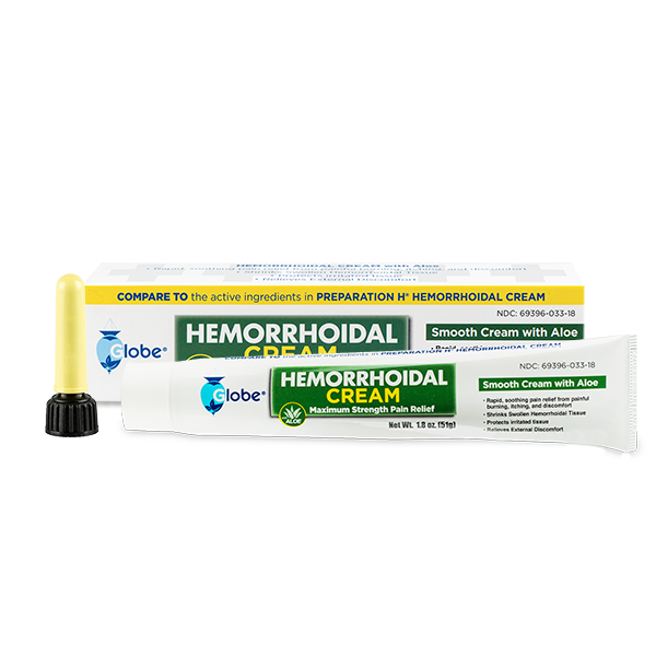 A tube of Globe Hemorrhoid Symptom Treatment Cream (1.8 oz) with aloe, its box, and an applicator. The white, yellow, and green box highlights this maximum strength cream for pain and symptom relief from hemorrhoids by Globe.