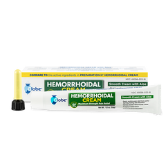 A tube of Globe Hemorrhoid Symptom Treatment Cream (1.8 oz) with aloe, its box, and an applicator. The white, yellow, and green box highlights this maximum strength cream for pain and symptom relief from hemorrhoids by Globe.