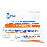 A tube and box of Globe Hydrocortisone 1% Ointment 1 oz, designed for itch relief from eczema, psoriasis, and seborrheic dermatitis. Globe’s packaging features white with blue and orange text, making it ideal for effective eczema treatment.