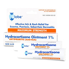 Two tubes and a box of Globe Hydrocortisone 1% Ointment 1 oz by Globe, with white packaging and blue/orange text, provide maximum strength relief for rashes, eczema, itching, psoriasis, and dermatitis.