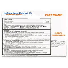 The Globe Hydrocortisone 1% Ointment 1 oz label features drug facts, directions, warnings, manufacturer info, and bold FAST RELIEF and 100% GUARANTEED—ideal for itch relief or eczema—on a white background. Brand: Globe.
