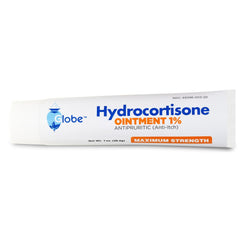 Globe Hydrocortisone 1% Ointment 1 oz by Globe is labeled anti-itch and maximum strength, giving itch relief for eczema. Packaging features blue and orange text on a white background.