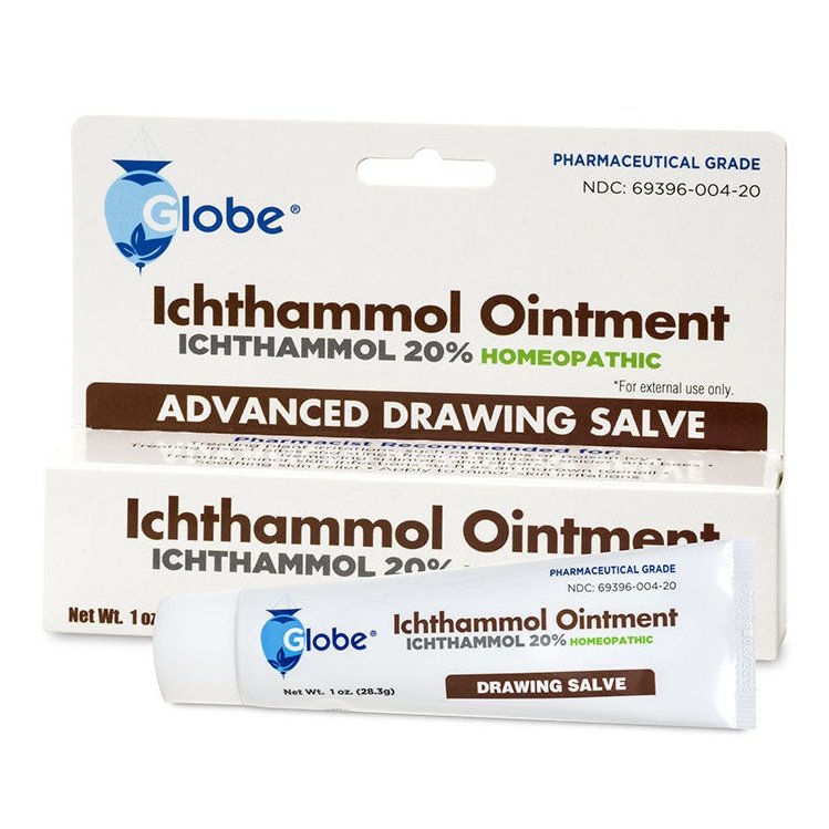 Globe Ichthammol Ointment 20% (Drawing Salve) 1 OZ, pharmaceutical grade, offers soothing skin relief and treats eczema, psoriasis, acne, boils, splinters, and bee stings with maximum strength and minimized scent. For external use only.