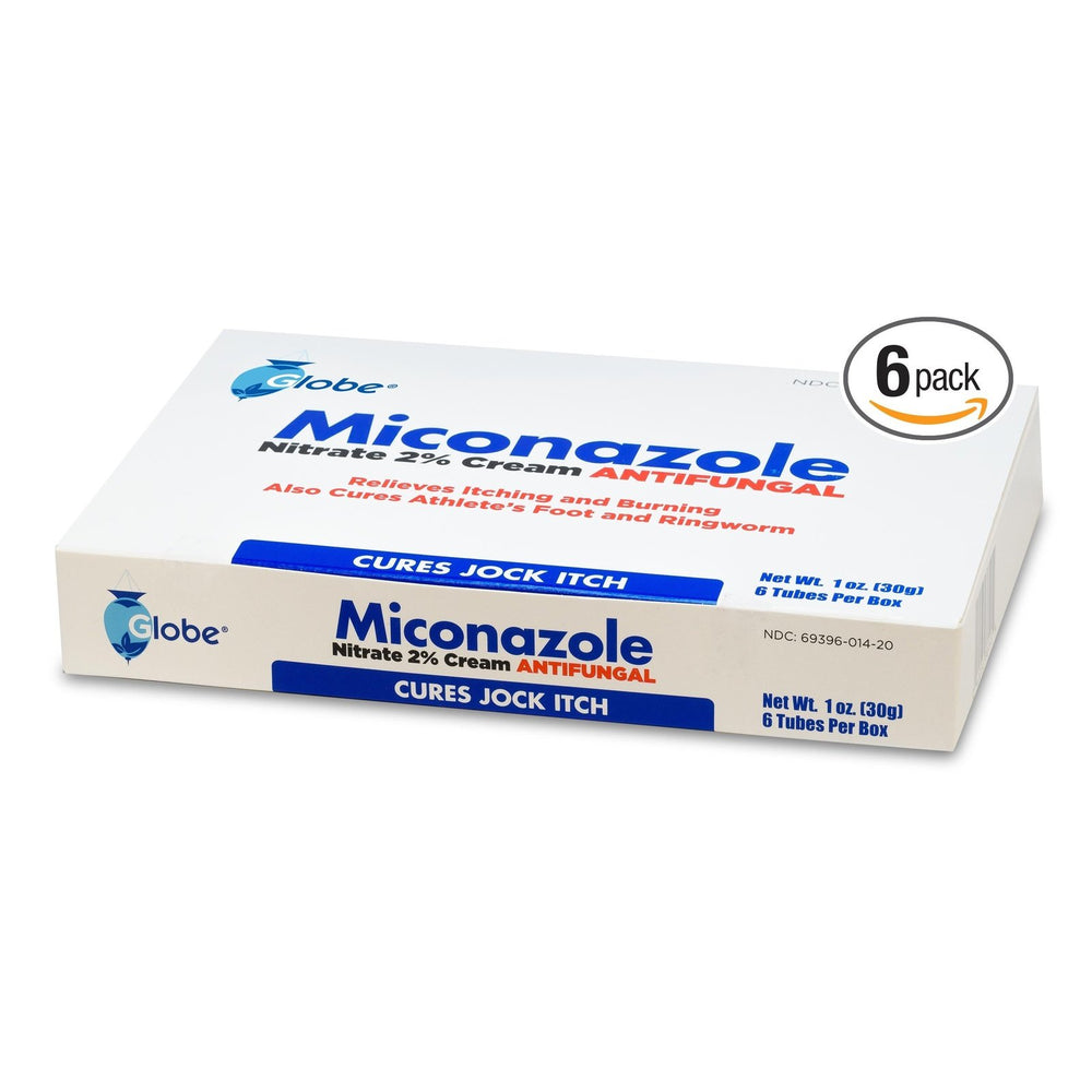 A box of Globe Miconazole 2% Cream 1 oz 6 Pack by Globe, an antifungal treatment for athlete’s foot, jock itch, and ringworm, contains six one-ounce tubes and features a “6 pack” badge on the package.