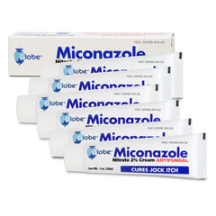 Six tubes of Globe Miconazole 2% Cream by Globe are shown, each containing 1 oz. The packaging highlights its effectiveness for treating athlete's foot and jock itch.