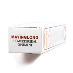 A white box of Mayinglong Hemorrhoid Ointment 10g Tubes displays bold red and black text with side packaging details, representing an effective Chinese medicine ointment by Mayinglong for hemorrhoid relief.